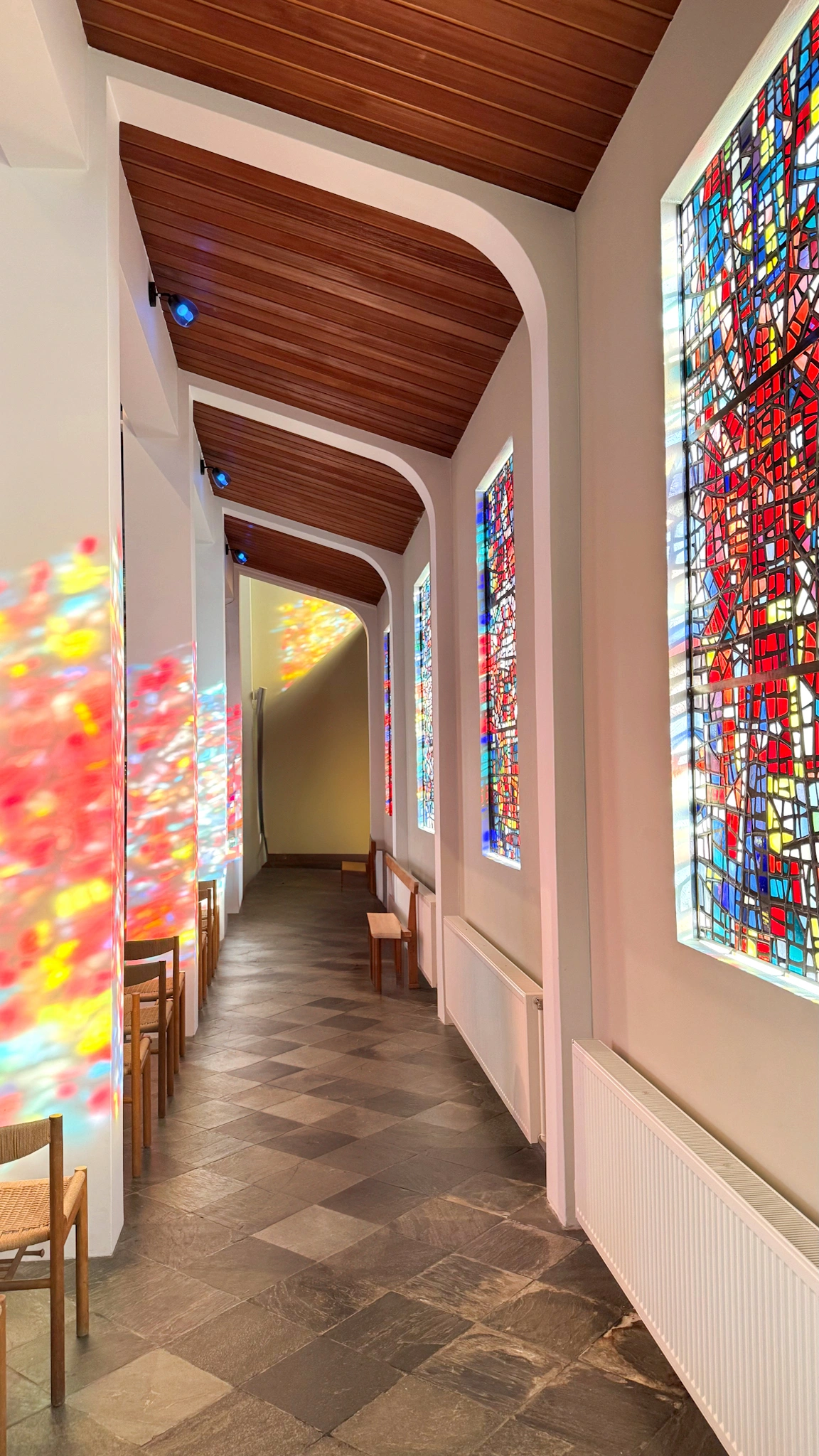 Glass windows inside the Skálholt Cathedral in Iceland