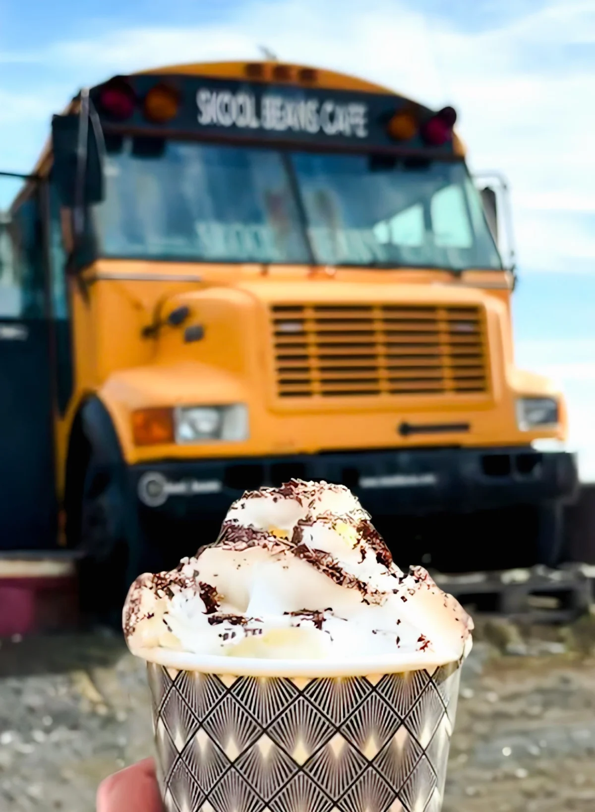 A coffee in front of a bus cafe in Iceland